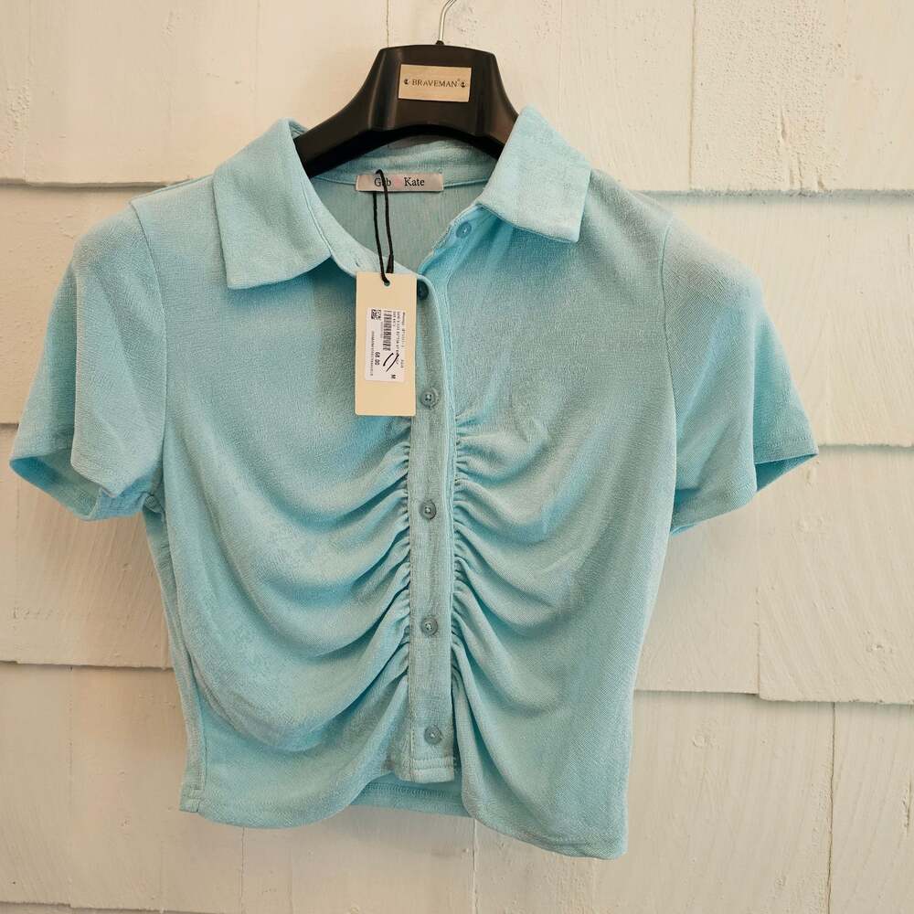 Gab Kate Aqua Terry Ruched Button Front Crop Top Collared Short Sleeve NWT M